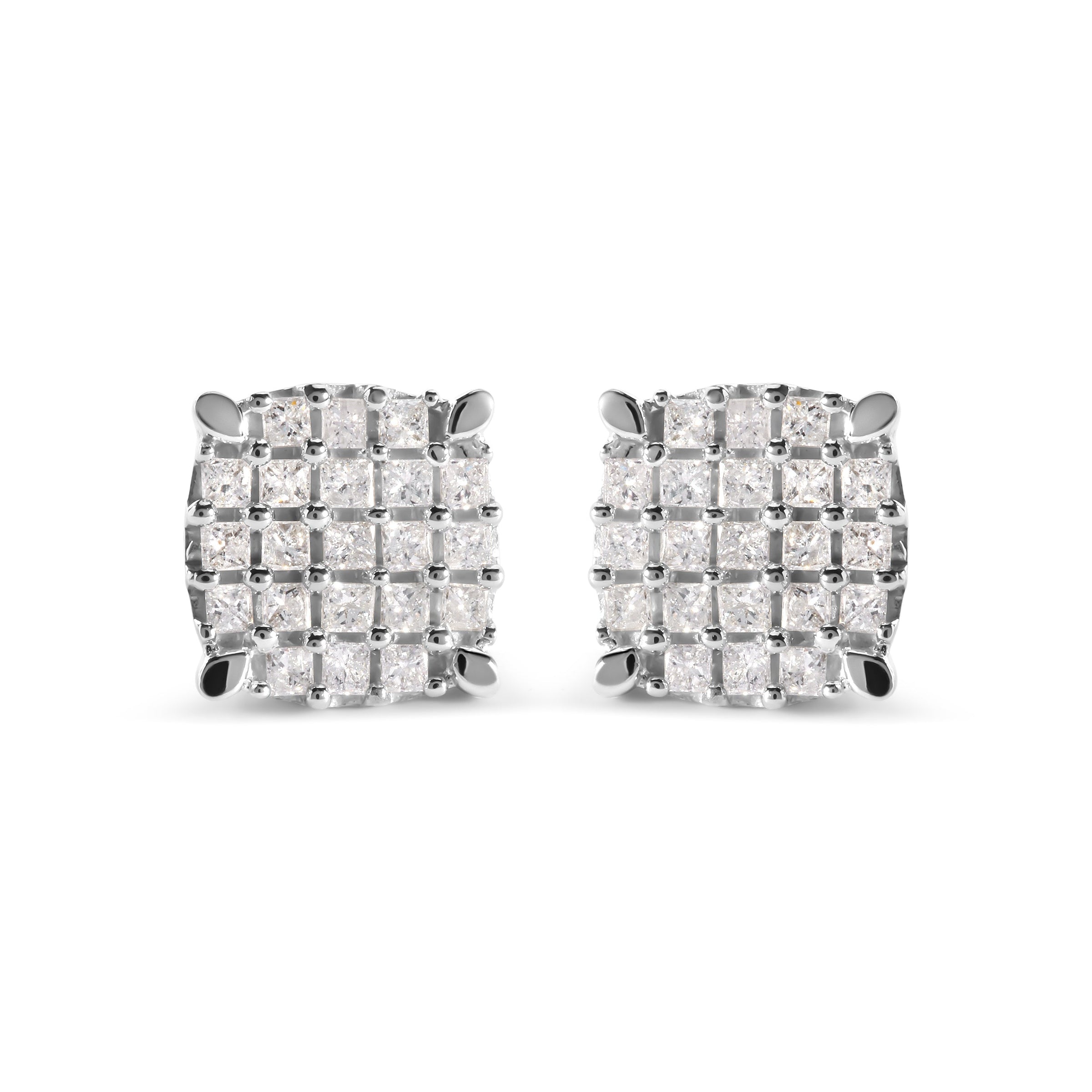 10K White Gold 3/4 Cttw Princess Diamond Composite Cushion Shape Stud Earrings (I-J Color, I1-I2 Clarity)