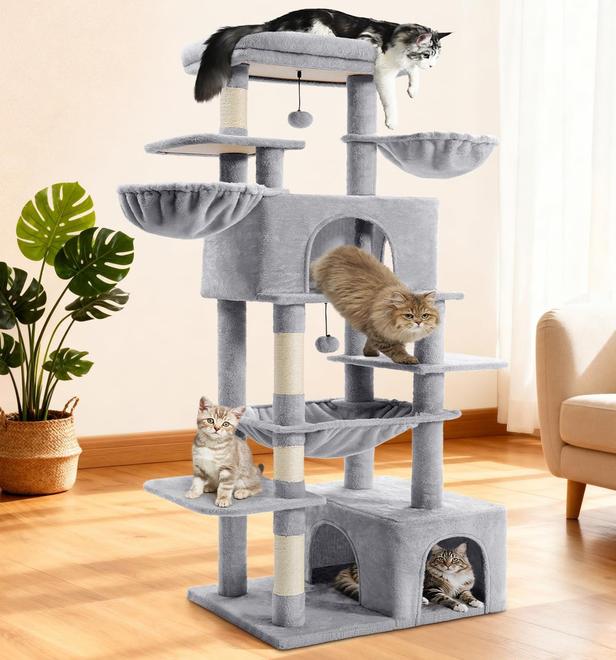 ABCPET Large Cat Tree, Cat Tower, Multi-Tier, Indoor Cat, Sisal Scratching Post, Widened Cat Perching Post, Square Hammo