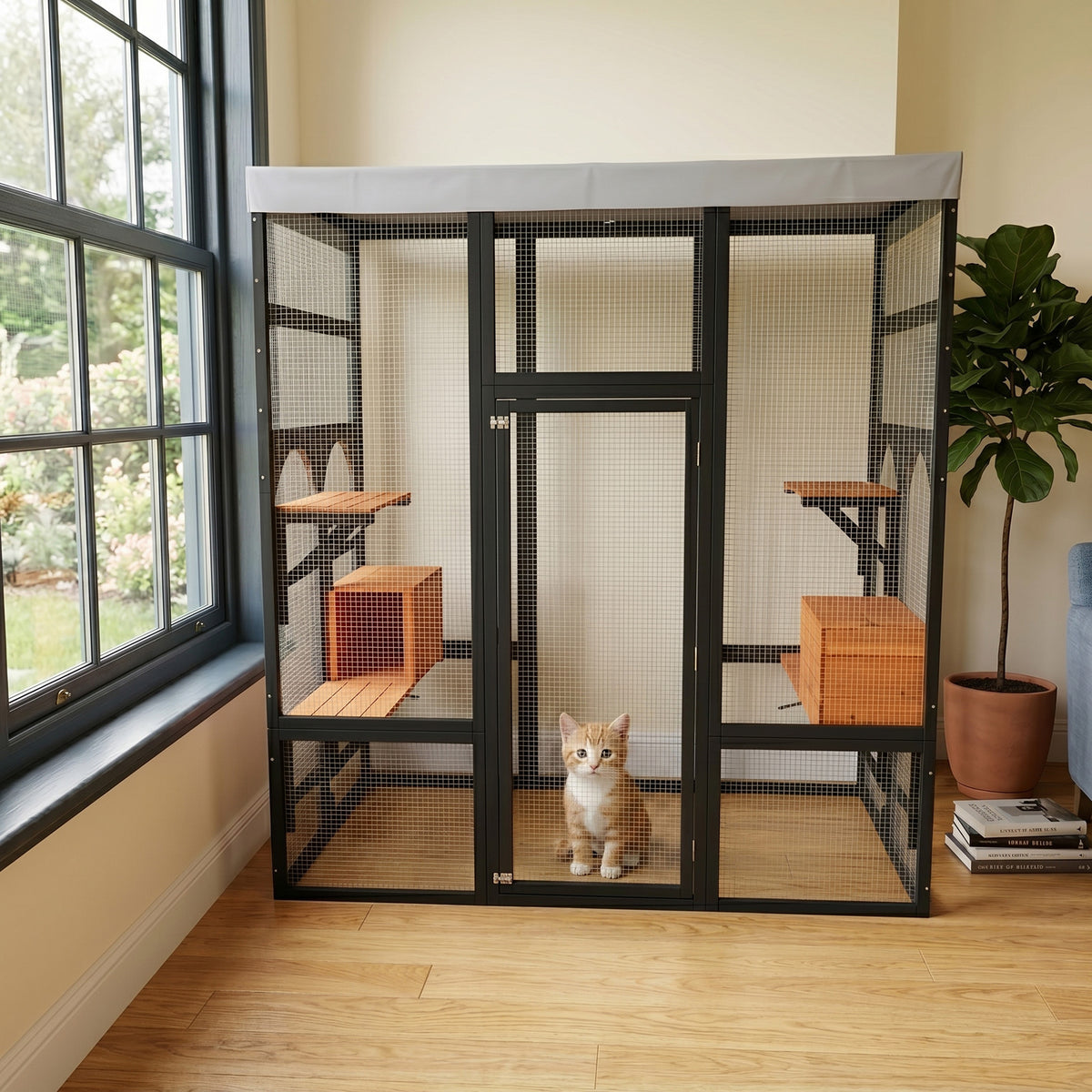 Large Outdoor Cat Enclosure Catio with 5 Platforms & 2 Napping Houses, Secure Metal Wire, Easy Assembly for Indoor & Out