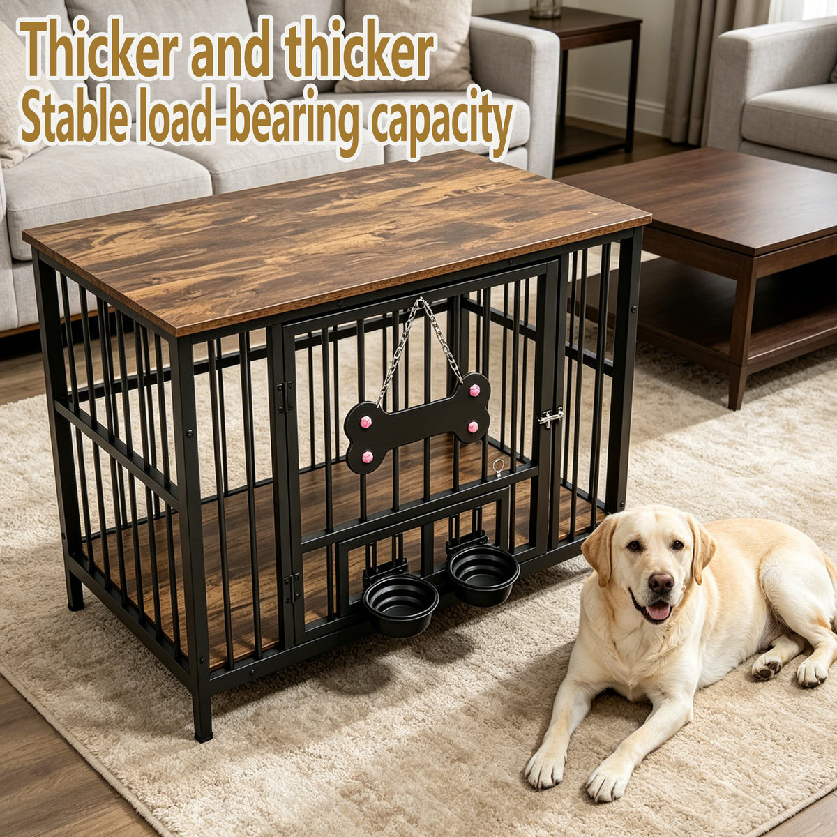 Vintage wood grain dog cage edge,360 degree rotating bowl with safety grade soft silicone material