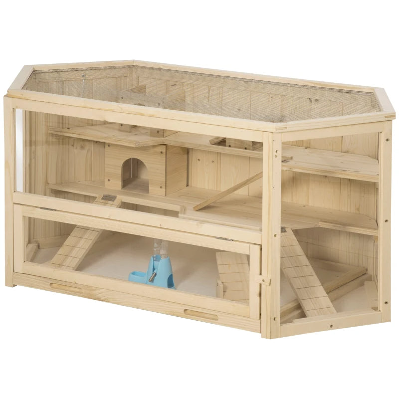 Wooden Large Hamster Cage Small Animal Exercise Play House 3 Tier With Tray, Seesaws, Water Bottle, Activity Center, Nat