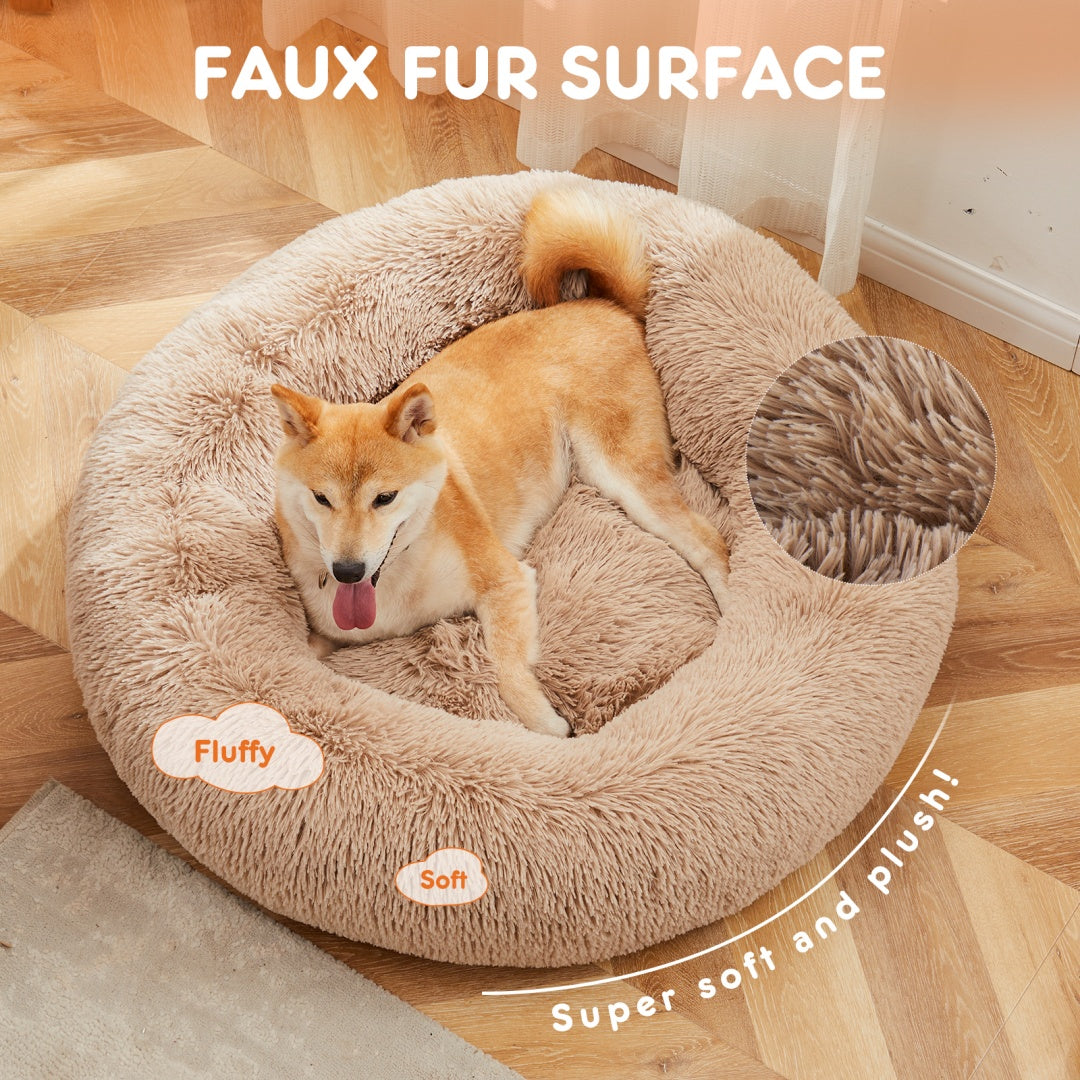 24 Inch Anti-Slip Round Fluffy Plush Faux Fur Cat Bed, Fits Up To 25 Lbs Pets