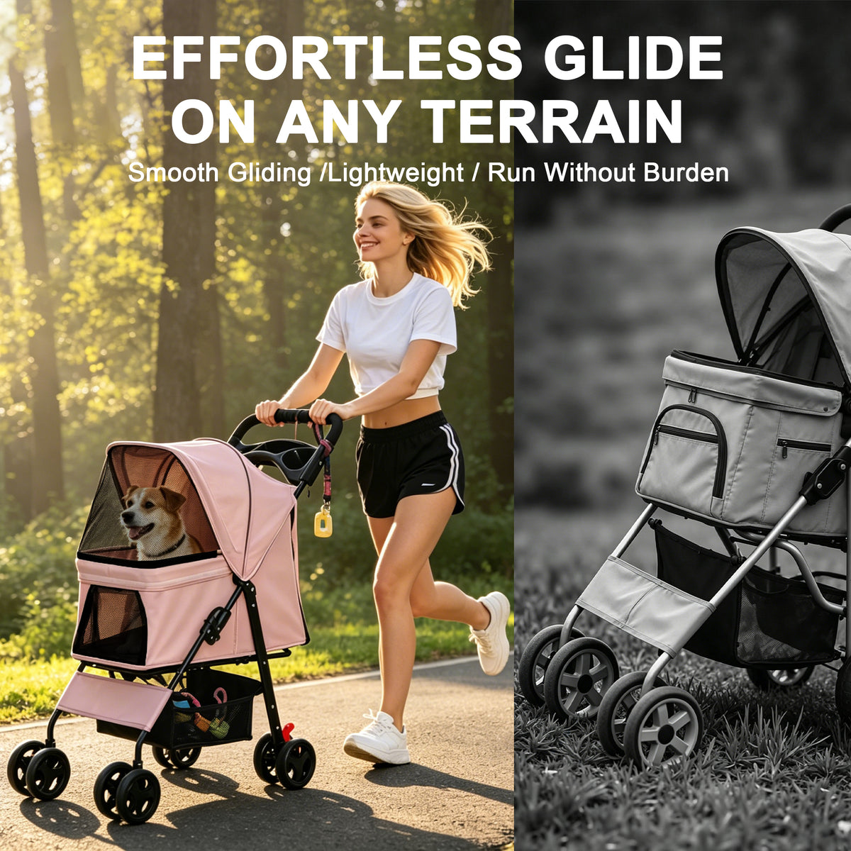 Foldable Pet Stroller for Small Dogs and Cats Under 28 lbs with Multi-Functional Tray, 2 Safety Leashes, Storage Basket 