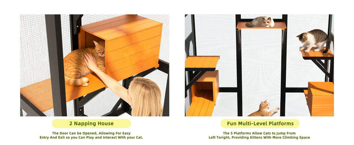 Large Outdoor Cat Enclosure Catio with 5 Platforms & 2 Napping Houses, Secure Metal Wire, Easy Assembly for Indoor & Out
