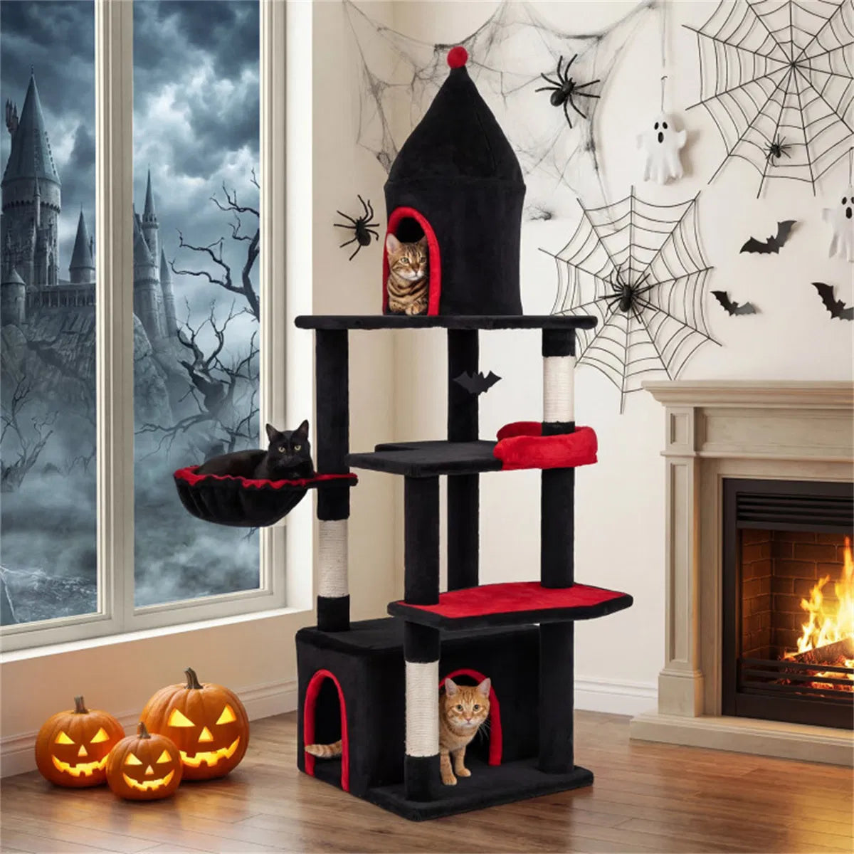 Gothic 5-Level Cat Tree 63" Tall with Sisal Scratching Posts Black Red Cat Tower