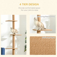 PawHut Floor-to-Ceiling Cat Tree Cat Climbing Tower With Sisal-Covered Scratching Posts Natural Cat Tree Activity Center