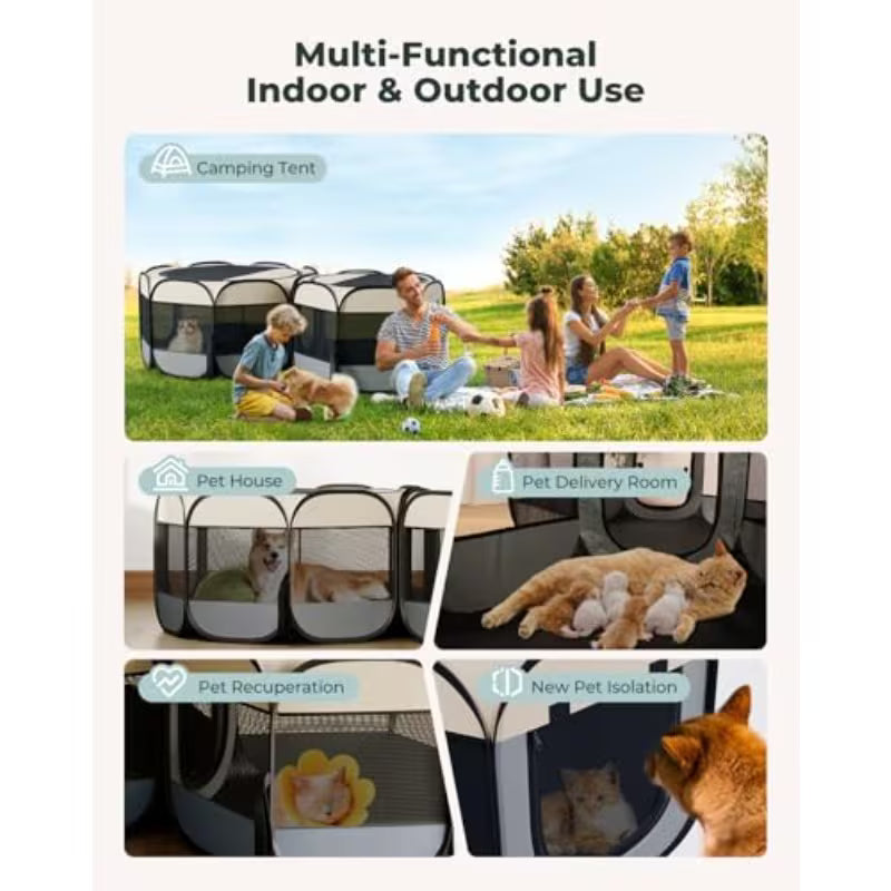 2-in-1 Pop Up Cat Playpen XLarge, Dog Puppy Pet Playpen, Indoor Outdoor Cats Enclosed, Cat Tent House Crate Cage, Portable & Foldable Playpen for Kittens(Connected or Separate)