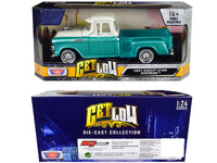 1957 Chevrolet 3100 Stepside Pickup Truck Lowrider Turquoise Metallic and White with White Interior "Get Low" Series 1/24 Diecast Model Car by Motormax