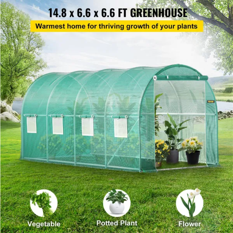 VEVOR Walk-in Tunnel Greenhouse, 14.8 X 6.6 X 6.6 Ft Portable Plant Hot House W Galvanized Steel Hoops, 1 Top Beam, Diag