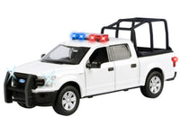 2019 Ford F-150 Lariat Crew Cab Pickup Truck with Bed Cage White with Flashing Light Bar and Front and Rear Lights and Sounds 1/27 Diecast Model Car by Motormax