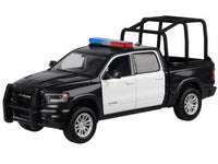 2019 RAM 1500 Laramie Crew Cab Pickup Truck with Bed Cage Black and White with Flashing Light Bar and Front and Rear Lights and Sounds 1/27 Diecast Model Car by Motormax