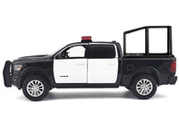 2019 RAM 1500 Laramie Crew Cab Pickup Truck with Bed Cage Black and White with Flashing Light Bar and Front and Rear Lights and Sounds 1/27 Diecast Model Car by Motormax