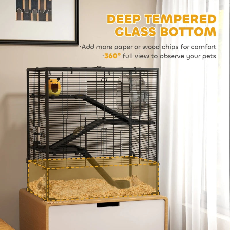 4 Tier Hamster Cage With Deep Tempered Glass Bottom, Running Wheel, Hut, Water Bottle, Food Dish