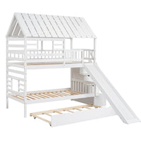 Twin over Twin House Bunk Bed with Trundle and Slide Storage Staircase Roof and Window Design  White