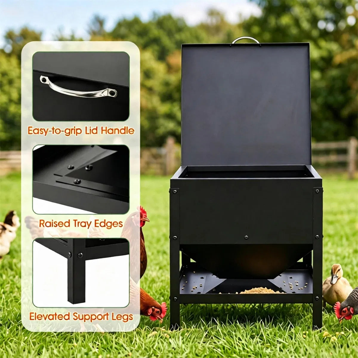 Heavy Duty Stainless Steel Chicken Feed Hopper with Lift Top Cover, Raised Legs Spill-Proof Poultry Feeding Box for Back