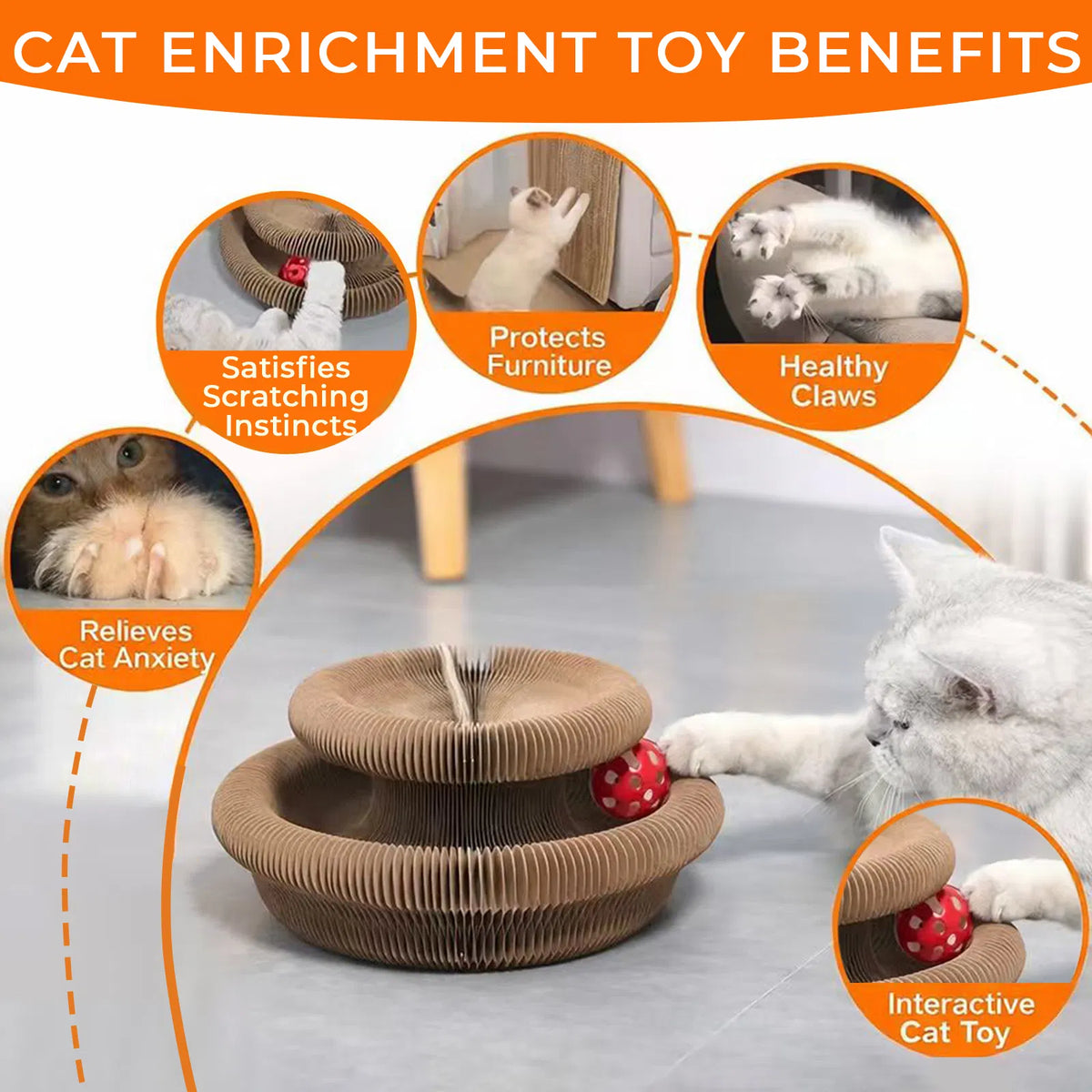 Kitty Curls Cat Toy - Foldable Accordion Cat Scratcher withBall - Magic Organ Cat Scratch Board for Interactive Play -Ca