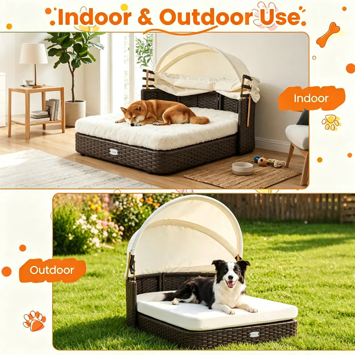 Hand-Woven PE Rattan Dog Bed with Adjustable Canopy, Elevated Outdoor Pet Daybed with Washable Plush Cushion, Anti-Slip 