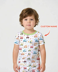 Construction Vehicles Custom Name Bamboo Two Piece Short Sleeve Shorts Pajama Set