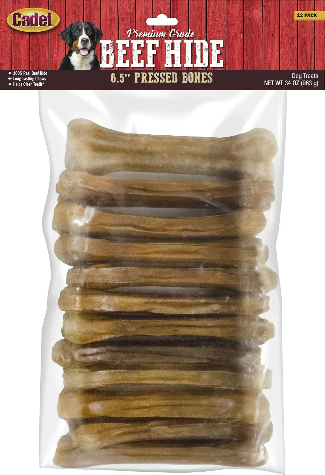 Cadet Pressed Rawhide Bones 6.5" Dog Chews Long Lasting Beef Hide 12 Pack