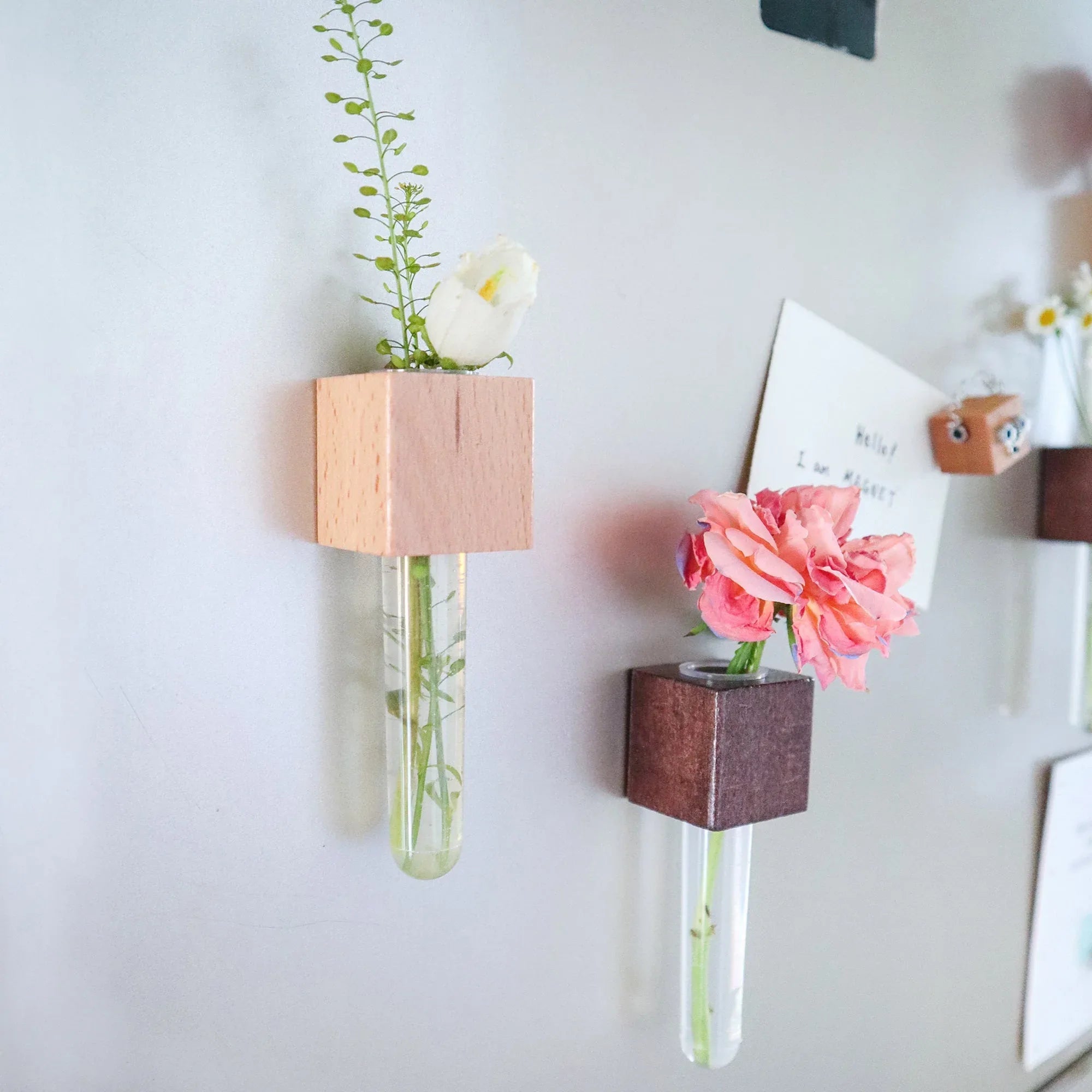 Mini Vase Magnets – Set of 2 – Beech & Walnut Wood – Decorative Fridge Magnets for Small Flowers or Greenery - BIG FRENCHIES