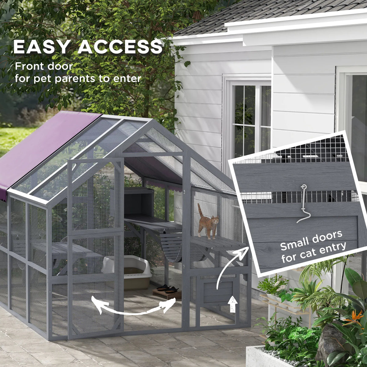 Outdoor Cat Enclosure Wooden Feral Cat House w/ Weatherproof Canopy, Bridges, Resting Boxes, Platforms, for 3-6 Cats