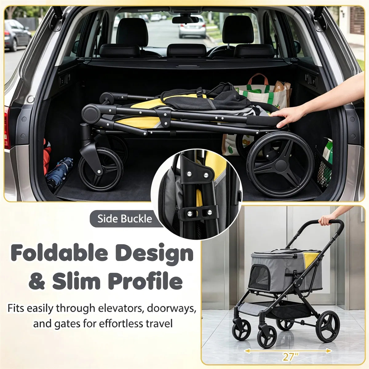 220LBS Large Capacity Dog Stroller, Foldable Pet Stroller with 360 Swivel Shock-Absorbing Wheels, One-Click Brake & Retr