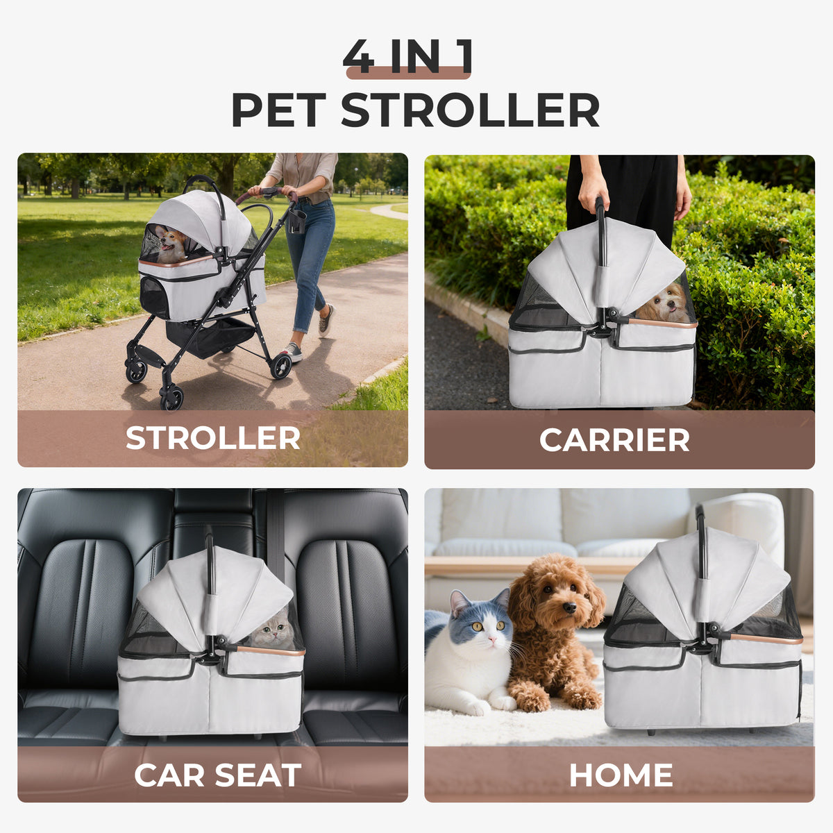 4-Wheel Foldable Pet Stroller For Small Dogs & Cats - 360 Rotating Wheels, Detachable Carrier & Travel Bag Included