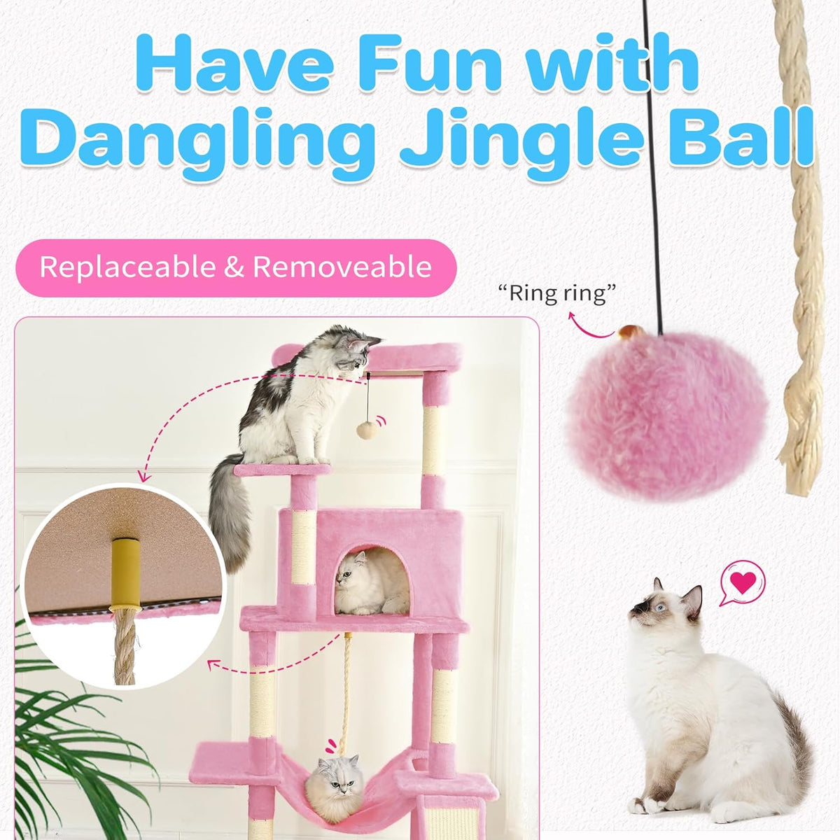 ABCPET 63-inch Multi-level Cat Climbing Frame, Indoor Cat Sisal Scratch Post, Cat Bed, Hammock, Hanging Ball, Extension 