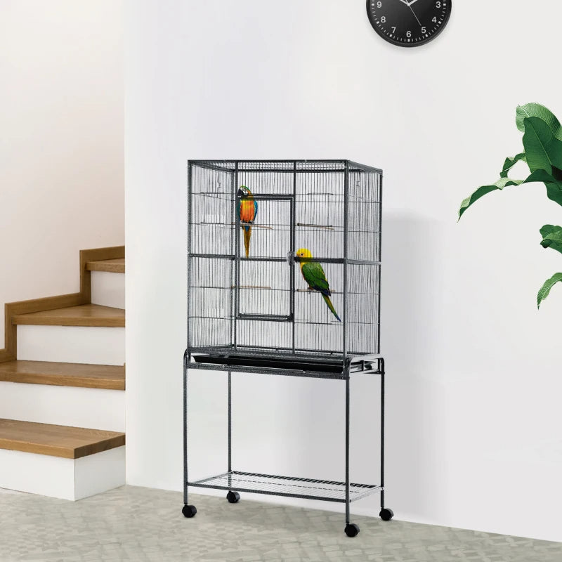 Rolling Metal Bird Cage Feeder With Detachable Rolling Stand, Storage Shelf, Wood Perch & Food Container