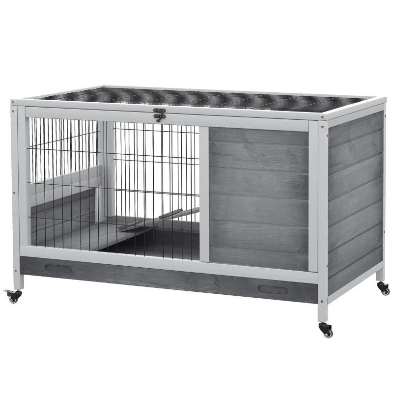 PawHut Indoor Rabbit Enclosure, Wooden Elevated Cage Habitat With Enclosed Run With Wheels - Ideal For Rabbits And Guine