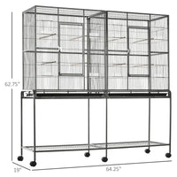 Rolling 65"L Bird Cage w/ Storage Shelf Wood Perch Food Container