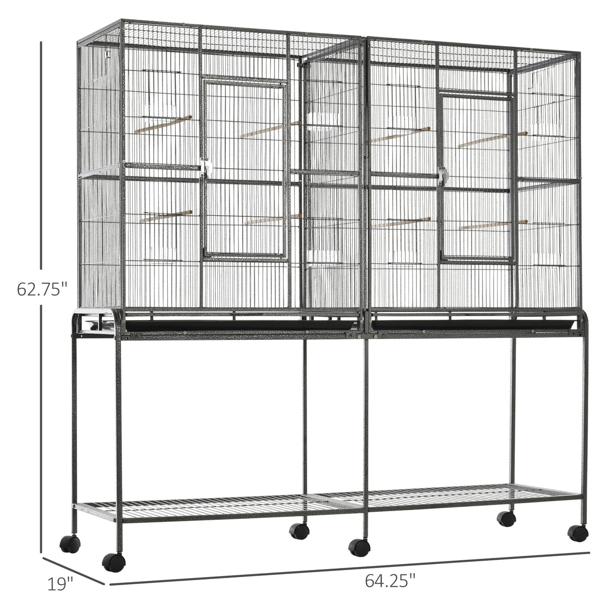 Rolling 65"L Bird Cage w/ Storage Shelf Wood Perch Food Container