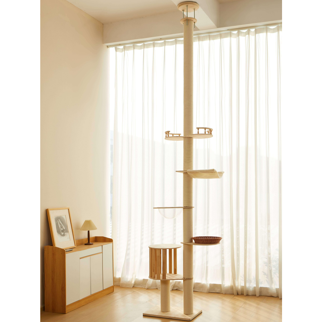 Modern Plain Waterproof Freestanding Cat Tree - 5-Tier, 102-118 In Adjustable Ceiling-to-Floor, Hemp Scratching Post, Ch