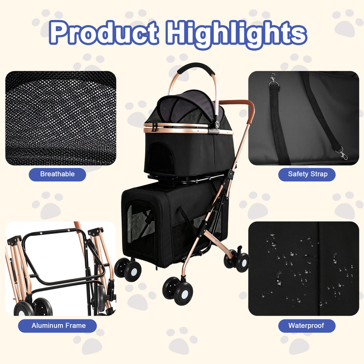 3-in-1 Double Pet Stroller For Small Medium Dogs Cats, Foldable Frame Convertible Pet Carrier Tote, Shockproof Wheels Wi