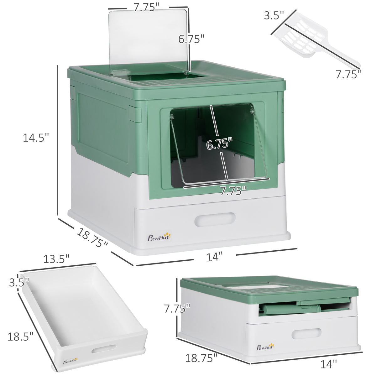Fully Enclosed Cat Litter Box with Front Entry and Top Exit, Plastic, Green & White