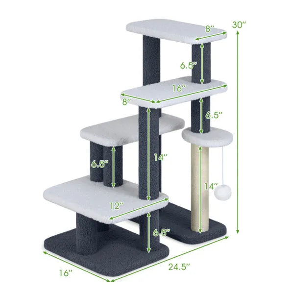 2-in-1 Cat Stairs & Tree With Sisal Scratching Post, 4 Levels Pet Steps For Elderly Cats & Short-Legged Dogs