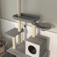 2 in 1 Floor to Ceiling Cat Tree with Litter Box Enclosure, Condo, Bed, Hammock, Scratching Posts, and Platforms, Gray