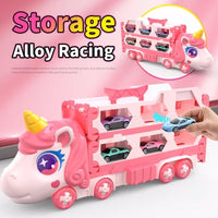 Cute Transforming Truck Toy Expandable Racetrack & Vehicle Storage Set Portable Carrier With Mini Cars Toy For Girls Age