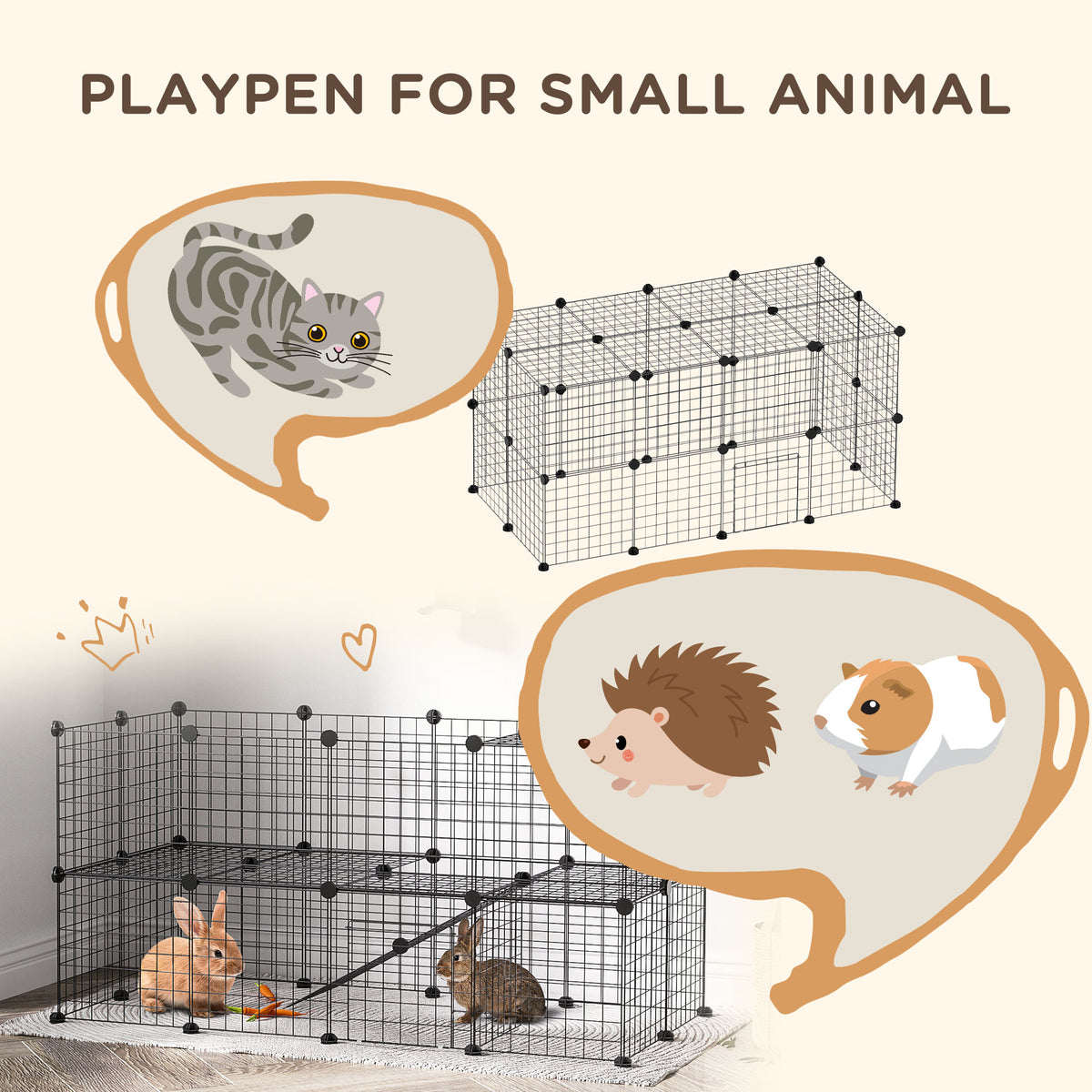36 Panels Small Animal Playpen with Door, DIY C & C Cage for Guinea Pigs with Ramp, Portable Metal Wire Yard for Rabbit,