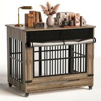 42in Large Dog Crate Furniture, Double Door Wooden Indoor Dog Kennel Furniture, Decorative Pet Cage End Table With Wheel
