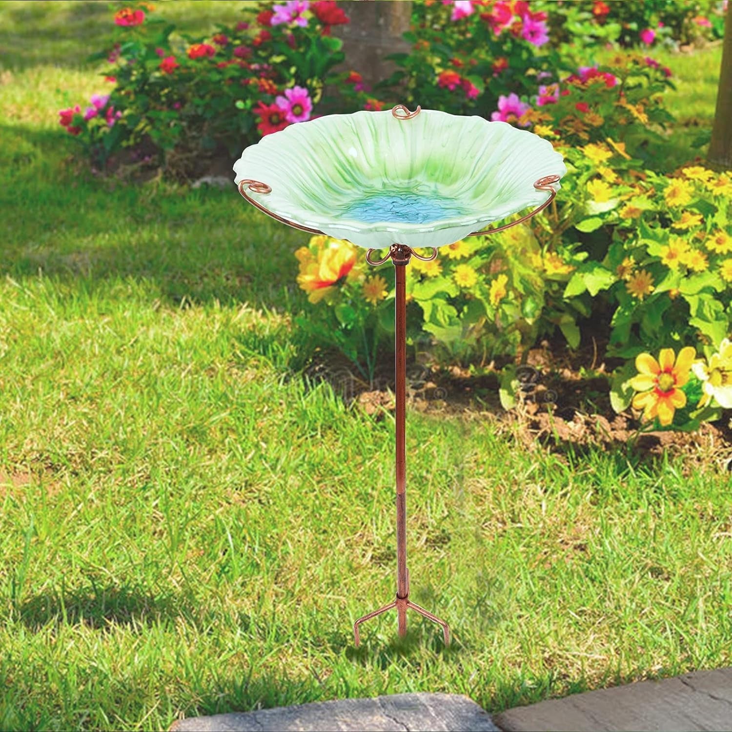 26 Inch Height Glass Birdbath Birdfeeder with Metal Stake Garden Outdoor Green - BIG FRENCHIES
