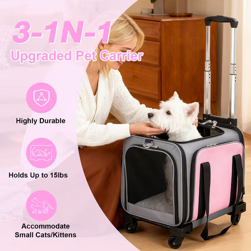 Pink Expandable Rolling Pet Carrier with Detachable Wheelbase – Airline Approved Soft-Sided Travel Bag for Dogs & Cats Under 25 lbs