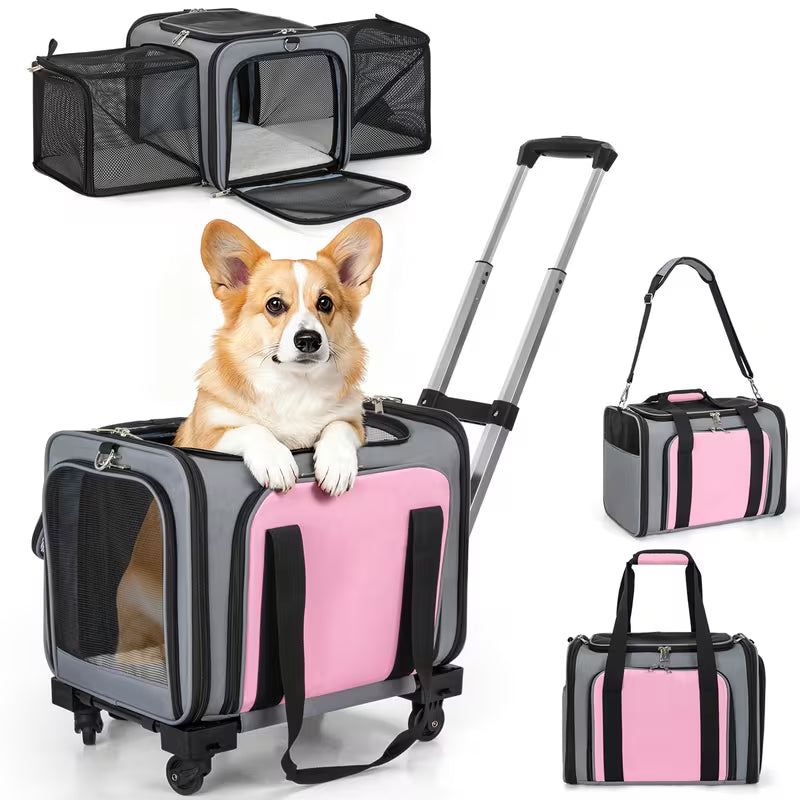 Pink Expandable Rolling Pet Carrier with Detachable Wheelbase – Airline Approved Soft-Sided Travel Bag for Dogs & Cats Under 25 lbs