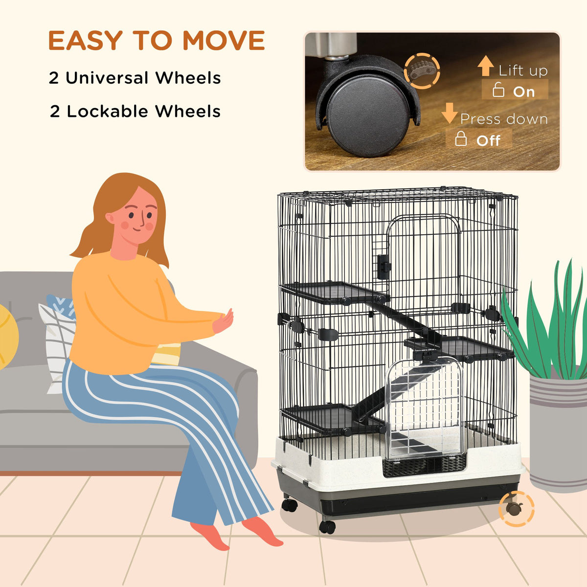32"L 4-Level Small Animal Cage Rabbit Hutch with Universal Lockable Wheels, Slide-out Tray for Bunny, Chinchillas, Ferre