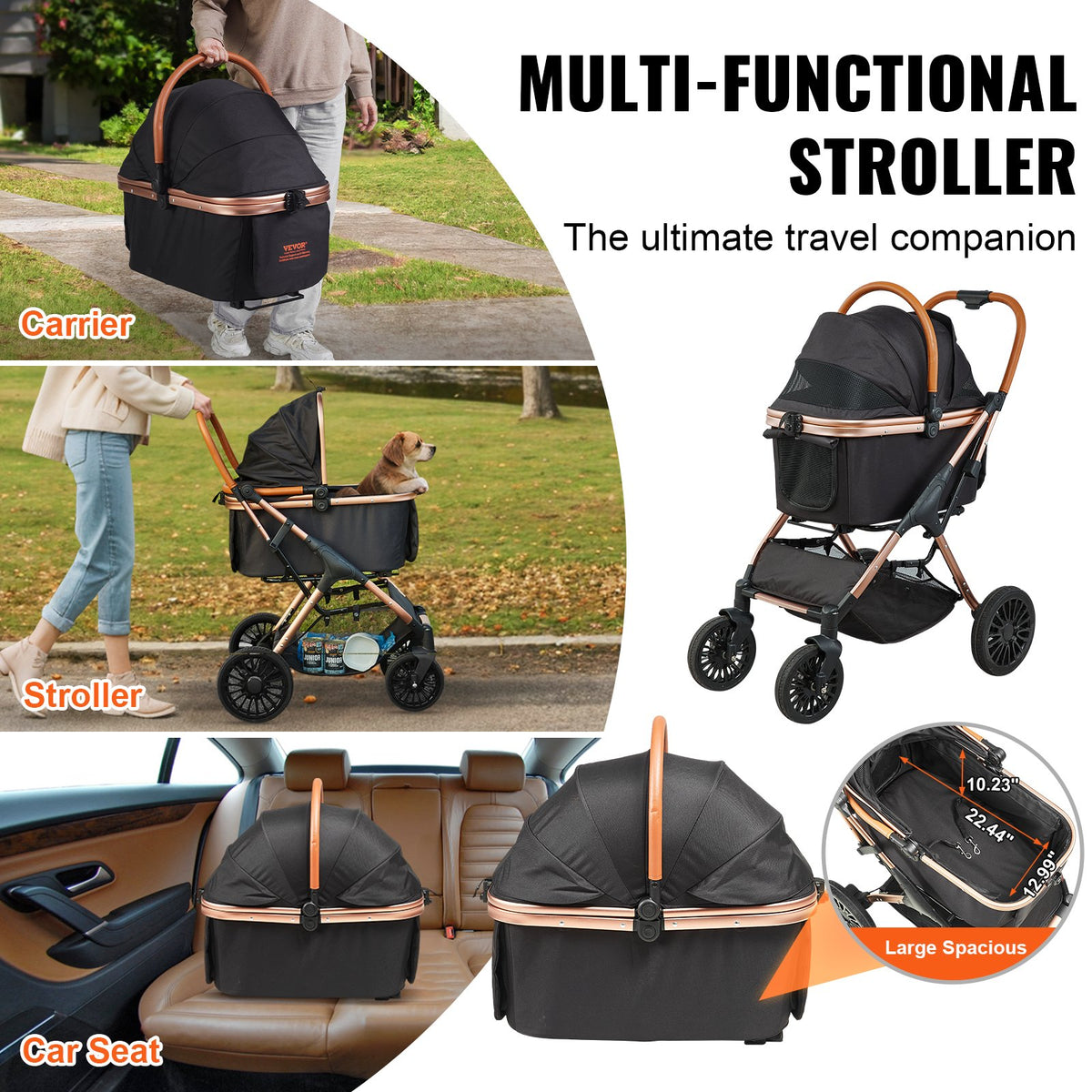 Pet Stroller, 4 Wheels Dog Stroller Rotate With Brakes, 66 Lbs Weight Capacity, Puppy Stroller With Detachable Carrier, 