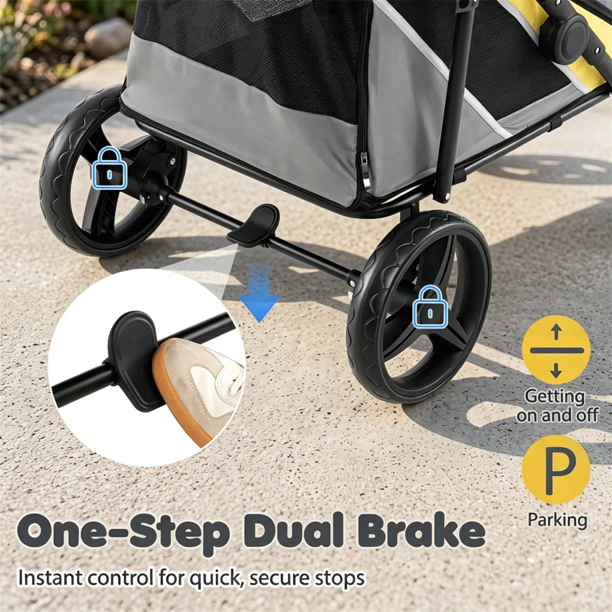 220LBS Large Capacity Dog Stroller, Foldable Pet Stroller with 360 Swivel Shock-Absorbing Wheels, One-Click Brake & Retr
