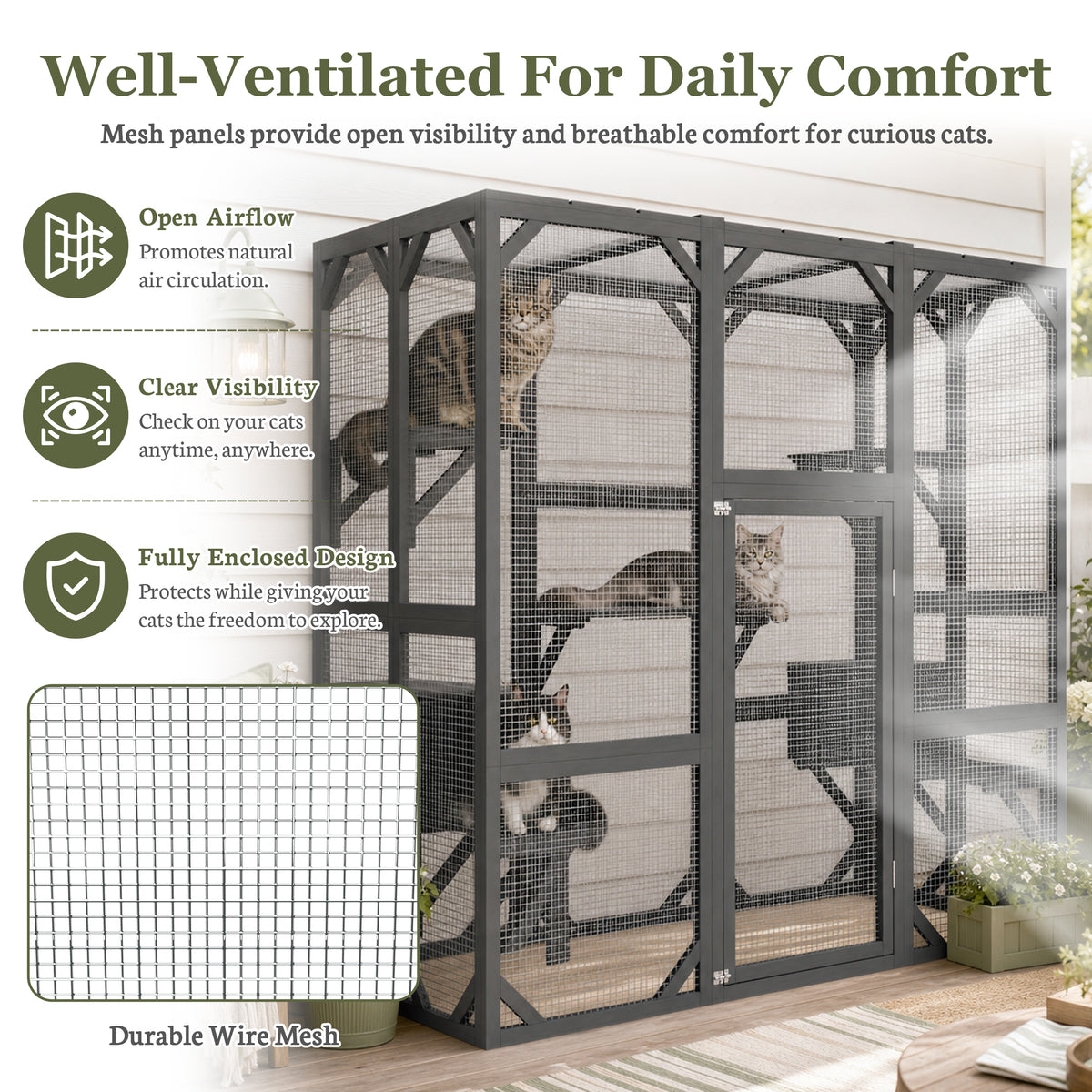71" x 37" x 71" Outdoor Cat Enclosure, Large Wooden Cat Cage with Mesh Panels & Waterproof Roof, Well-Ventilated & Escap