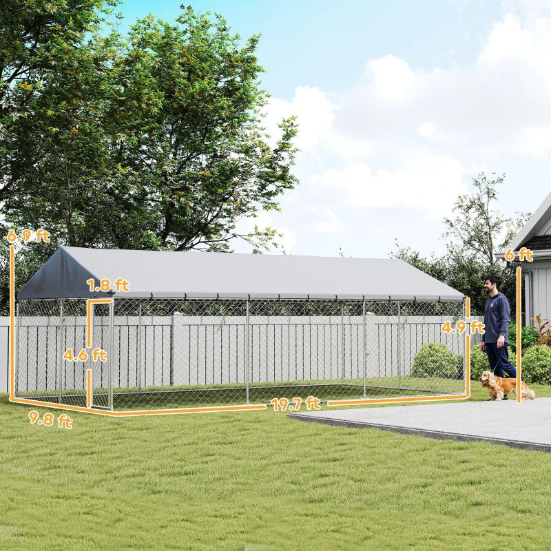 Heavy Duty Outdoor Dog Kennel With Waterproof Roof, 2 Secure Latches, Chain Link Dog Run For Backyard, 20' X 10' X 7'For