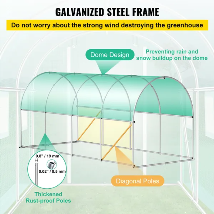 VEVOR Walk-in Tunnel Greenhouse, 14.8 X 6.6 X 6.6 Ft Portable Plant Hot House W Galvanized Steel Hoops, 1 Top Beam, Diag