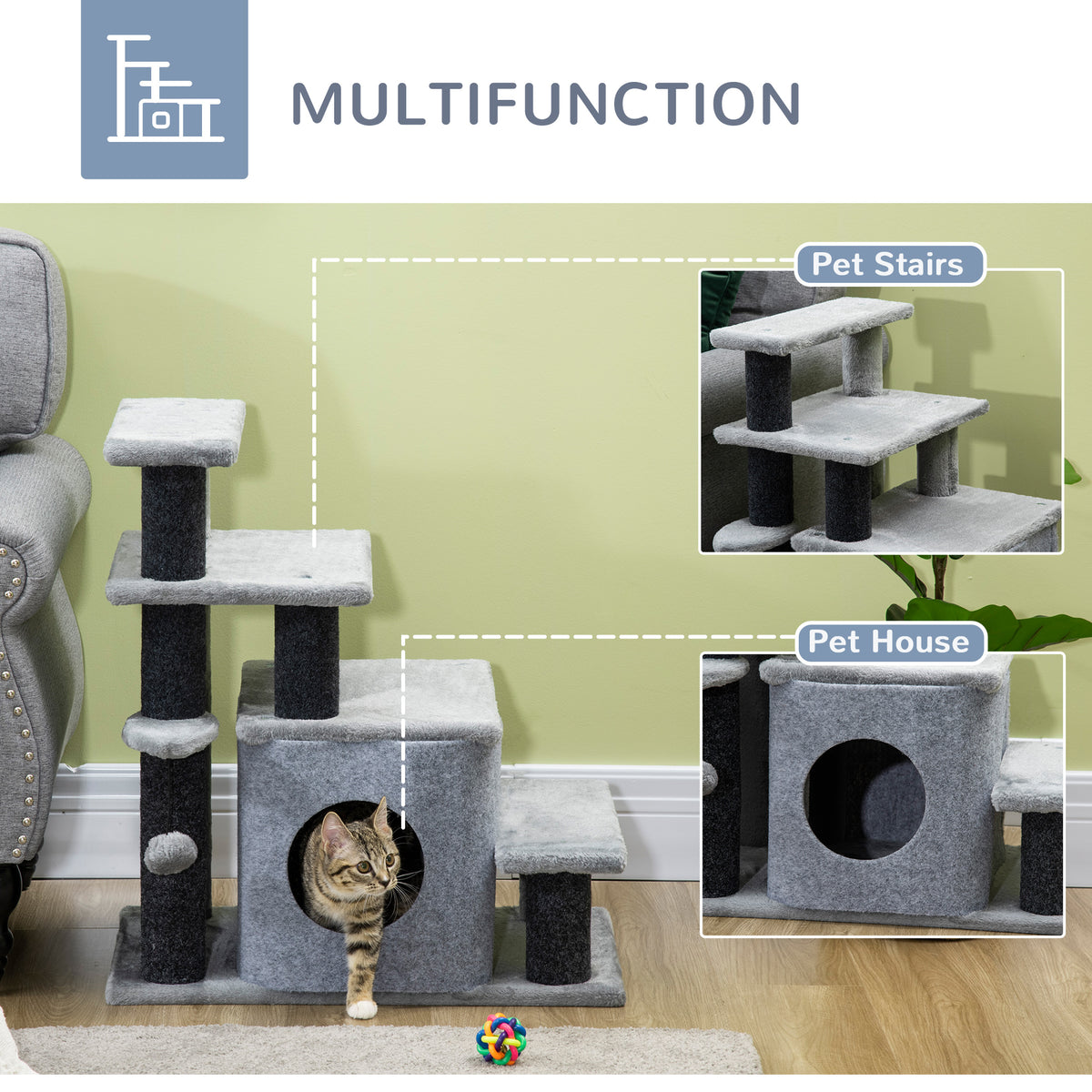 Adjustable Height 3 Step/4 Step Cat Stairs with Cat Scratching Post, Cat Condo, Toy Ball, for Bed, Sofa, Couch, Gray